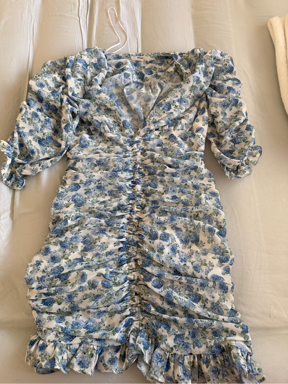 Blue Floral Ruched Mini Dress with Puff Sleeves